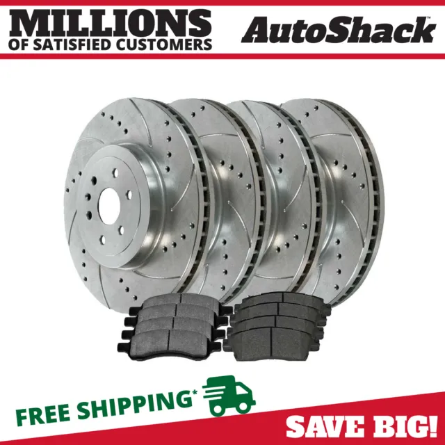 Front & Rear Drilled Slotted Brake Rotors Silver & Pads for Chevy Traverse 3.6L