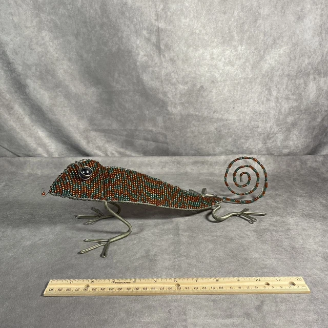 Medium 12” Iguana Figurine Sculpture Glass Beaded Metal Wire Art Orange Green