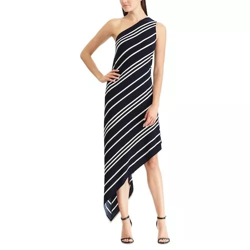 CHAPS Women's Striped Asymmetrical Stretch Dress NAVY (Size LARGE) NWT MSRP $100