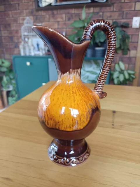 Vintage 70s Japan Made Orange Brown Vase Jug Drip Glaze Mid Century Retro