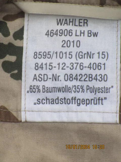 Bundeswehr Blusa de Campo,Chaqueta Camuflaje,Camuflaje Desierto,Talla 15 ,Fecha 2