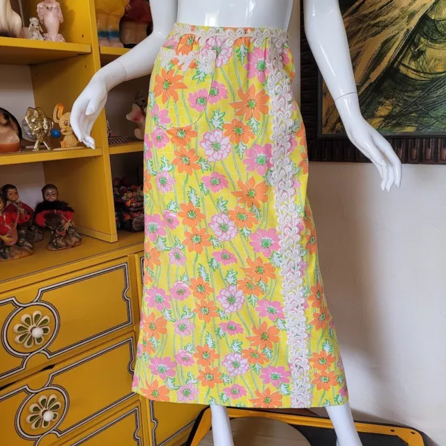 Vintage 60s Lilly Pulitzer Signed Sunny Floral Maxi Aline Lace Preppy Skirt M