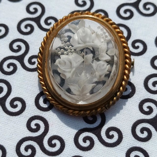 Broche Vintage Argent Et Ambre Avec 3 Roses - Ancienne, En Très Bon état