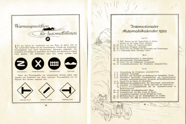 Internationaler Automobilkalender & Warnungszeichen für Automobilisten von 1922