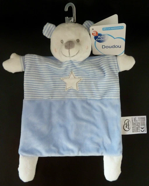 16. Doudou Plat Mots D'enfants Ours  Bleu Raye Blanc Etoile  Etiquette 100% Neuf