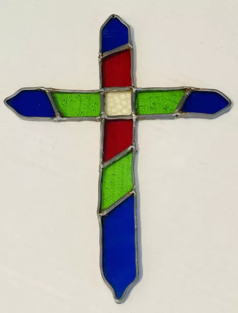 Vintage Stained Glass Holy Cross Leaded Glass Blue Green Red Sun Catcher Cross