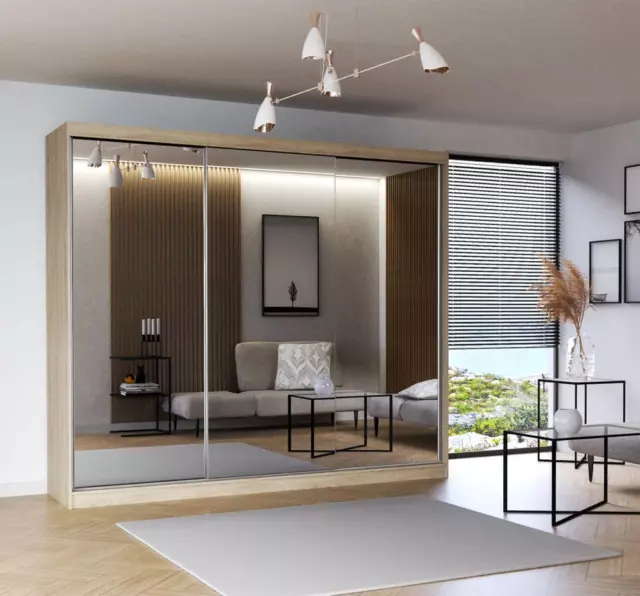 Milan Modern 2&3 Sliding door Wardrobe Cabinet bedroom 6 Sizes 4 Colors with LED