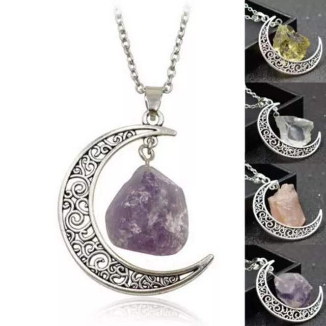 Natural Gemstones Moon Healing Crystal Chakra Pendant Necklace with Alloy Chain