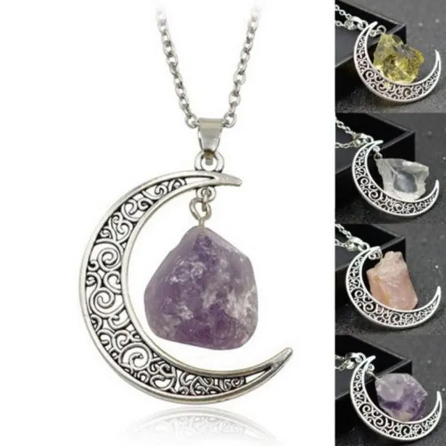 Natural Quartz Crystal Gemstone Pendant Chakra Healing Moon Necklace Jewelry