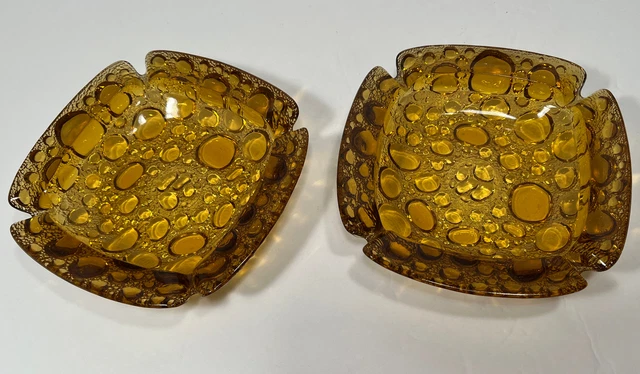 Vintage Glass Pebble Bubble Ashtray Textured Art Glass Mid Century X2