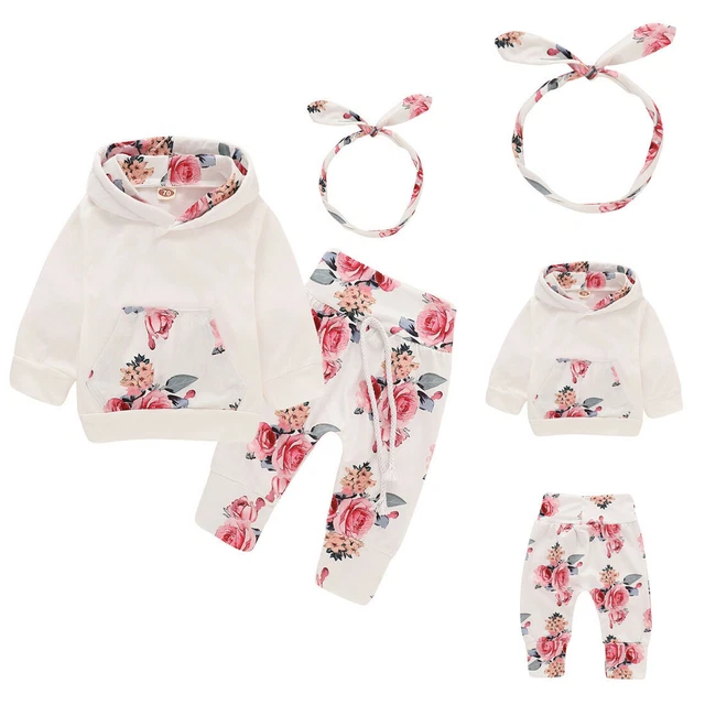 Abiti invernali per bambine stampa floreale pullover con cappuccio pantaloni fascia