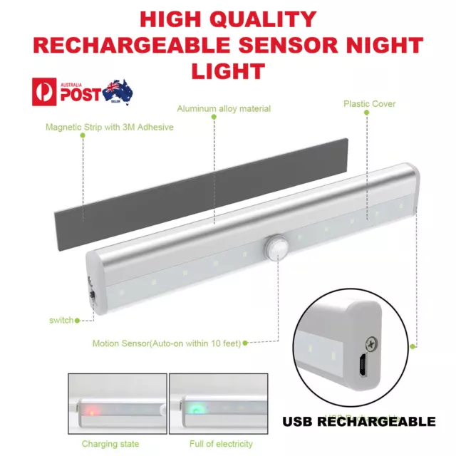 Rechargeable USB Magnetic Infrared Motion Sensor Wall Night LED Light Lamp Torch