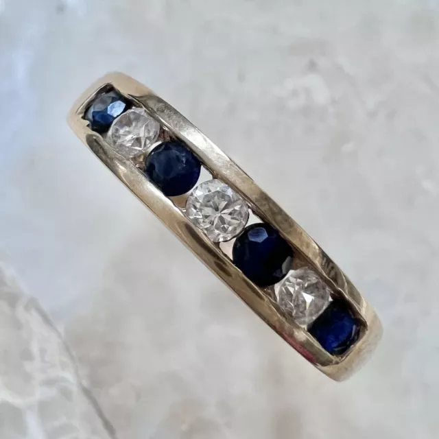 9ct Yellow Gold Channel Set Blue White Cubic Zirconia Stones Ring - 1.5g Size L