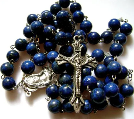 Natural Lapis lazuli bead Rosary & silver Cross crucifix catholic necklace Gift