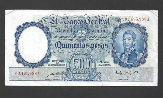 500 Pesos Very Fine  Banknote From Argentina 1944-54  Pick-268