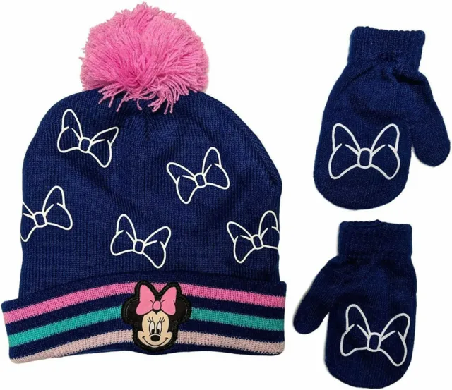 DISNEY MINNIE MOUSE Winter Beanie Pom Hat & Mittens, Blue & Pink Girls Age 2T-4T