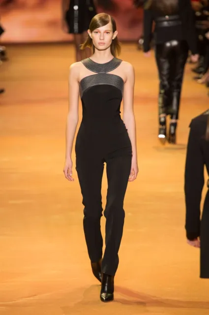 $2000+ Mugler Fitted Cady Jumpsuit with Leather Topsitch Collar - 38 FR