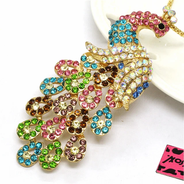 New Betsey Johnson Rhinestone Colorful Bling Peacock Crystal Pendant Necklace 2