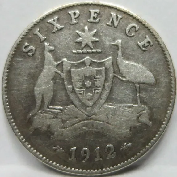 AUSTRALIA Sixpence 6 pence 1912 Fine Emu Silver Britain George V #B42
