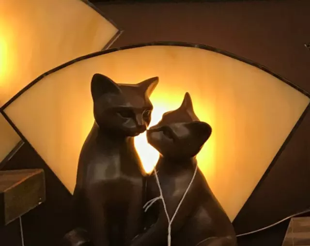 Twin Cat Art Deco Table Lamp Light With Amber Glass - Will Ship Australia Wide