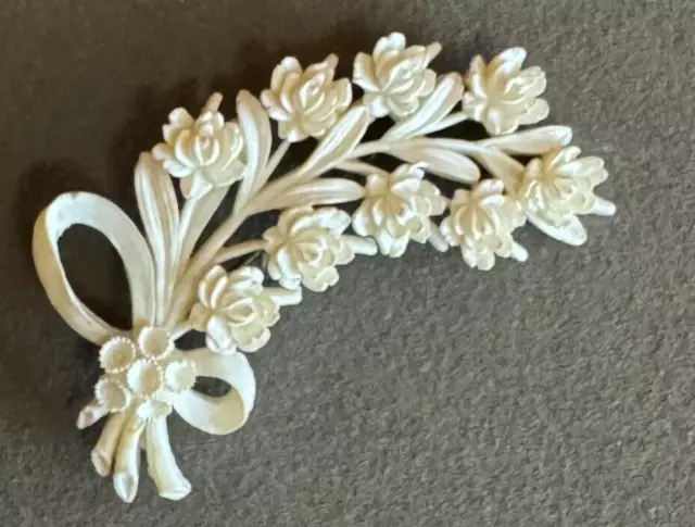 Vintage Brooch Pin Carved Rose Celluloid Off White