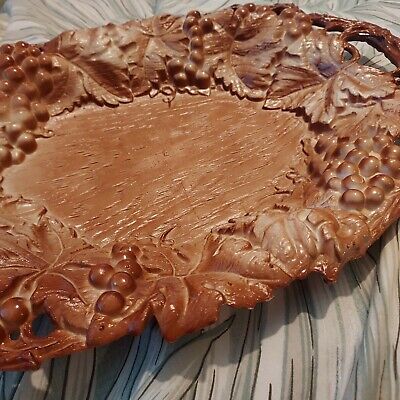 Vintage deep Serving Tray with grapes and leaves, carved wood look, Uzbekistan