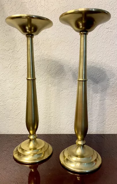 Pottery Barn Arlington Brass Large Pillar Mantle Candle Holders (2) 13.25” READ 3