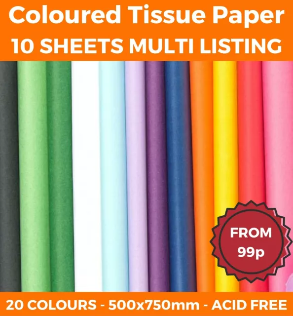 10 SHEETS - TISSUE PAPER LARGE ACID FREE QUALITY SHEETS BIO 50x75 20 COLOURS