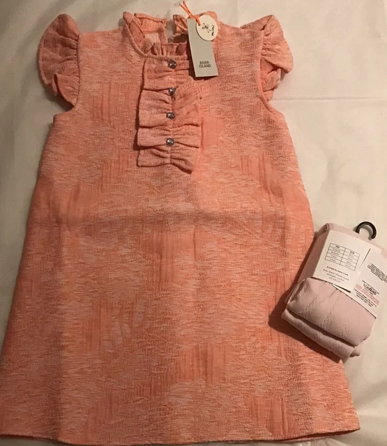 Collant vestito mini ragazze River Island 3-4 anni rosa jacquard nuovi con etichette