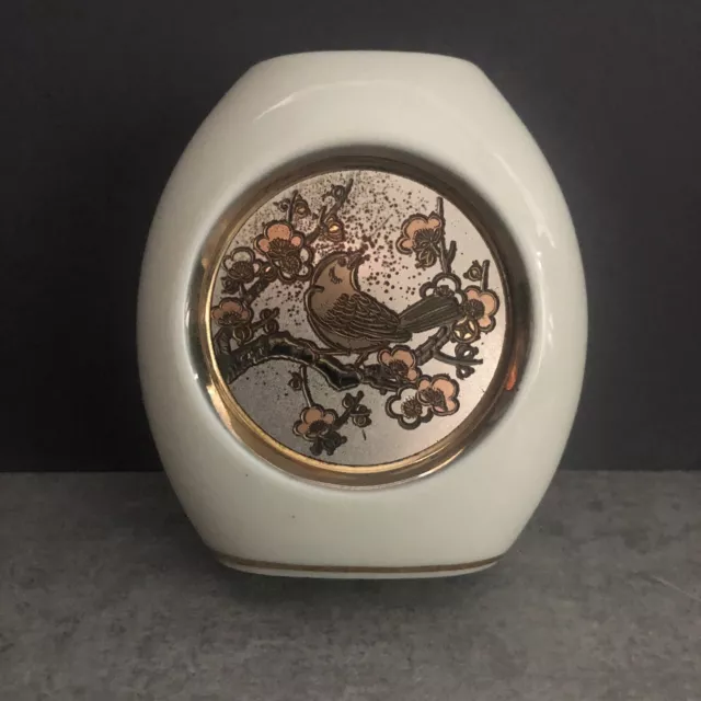 Vintage Japanese Art Of Chokin 24K Gold Edged Vase Songbird Design.