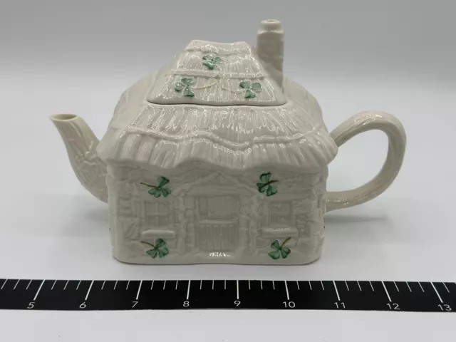 Belleek Shamrock Irish Cottage Collector Teapot w/ Lid - Ivory w/ Green Shamrock