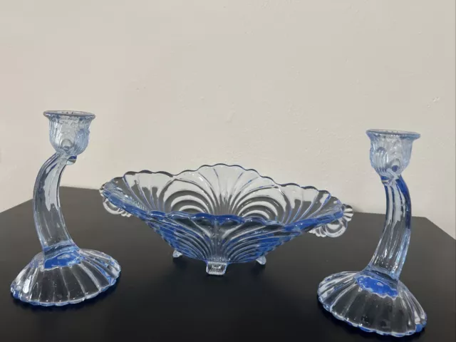 Vintage Cambridge Caprice Glass Bowl. Moonlight Blue.  Matching Candle Sticks.