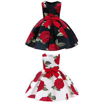 Kids Baby Flower Girls Vintage Rose Print Dress Birthday Pageant Party Ball Gown