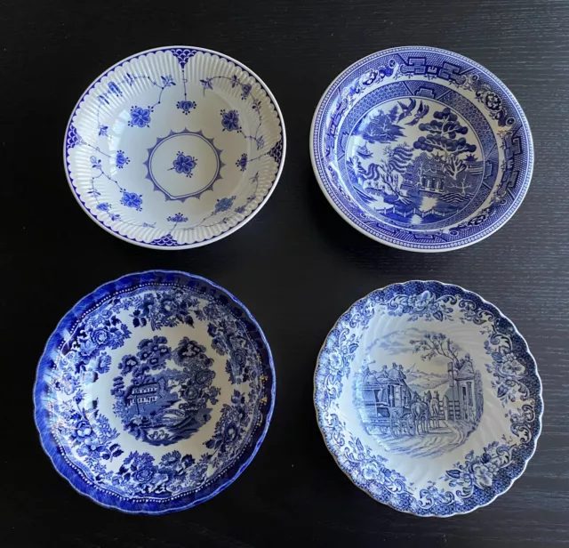 English Blue & White Transferware 4 Mismatched Soup Salad Cereal Bowls England