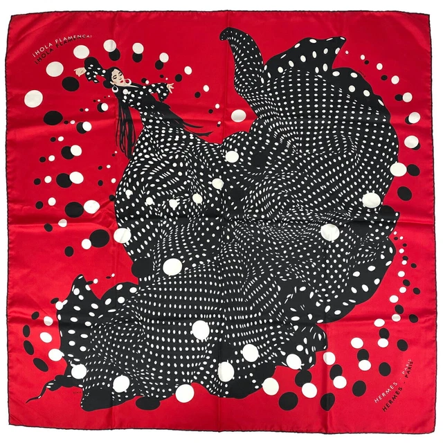 HERMES Scarf Carre 90 i HOLA FLAMENCA! 100% Silk Red Black White Multi R9255