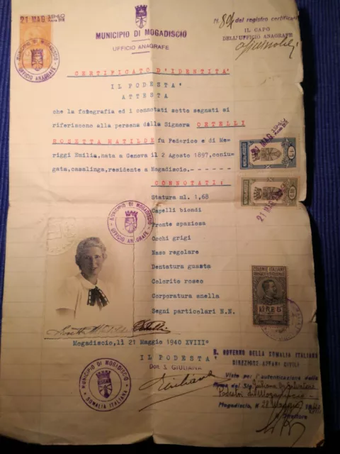 Documento d'epoca certificato d'identità MOGADISCIO SOMALIA ITALIANA 1940 SPL Documento d'epoca certificato d'identità MOGADISCIO SOMALIA ITALIANA 1940 SPL