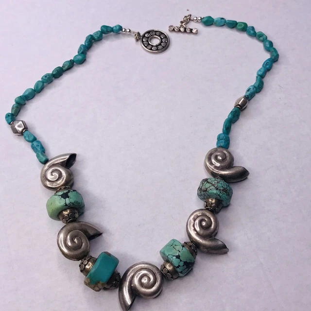 Sterling SIlver Turquoise Necklace Snail Shell Quartz Beads Nugget 20" Toggle