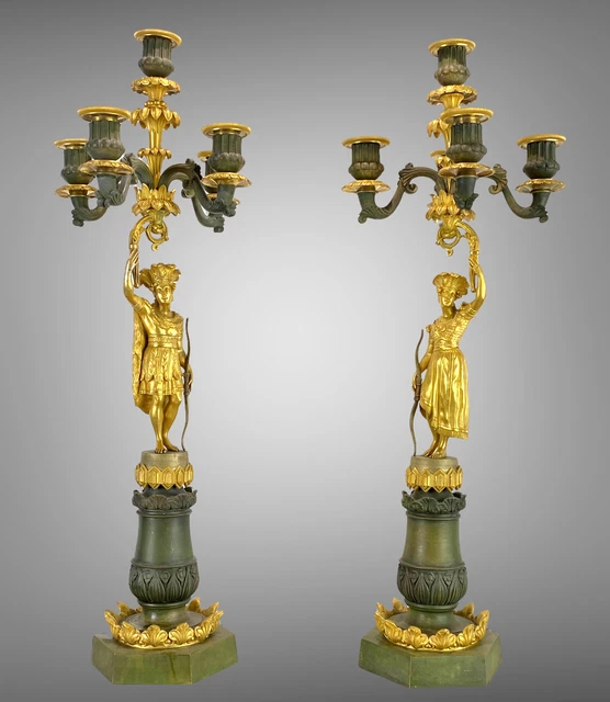 Paire De Candélabres / Bougeoirs / En Bronze Doré Au Mercure Epoque Restauration