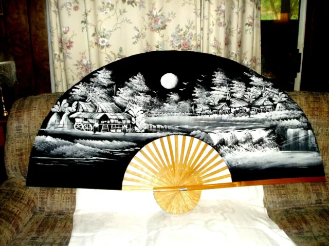 1970 WHITE on BLACK FABRIC ASIAN WALL HANGING DECORATION  "FAN" Hand Painted