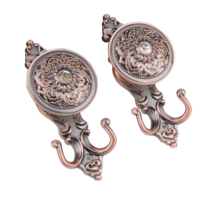 Pair of Rose Style Drapery Curtain Holdbacks Tieback Hooks (Antique Brass)