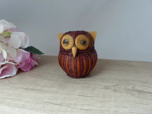 Boite à Bijoux Petit Panier Chouette/ Hibou en Osier Vintage 1970