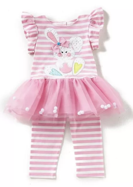 Rare Editions Girls Pink White Stripes Bunny Tutu Dress with Leggings Size 4 5