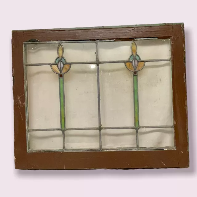 Antique ART DECO Leaded STAINED GLASS CASEMENT WINDOW 28.25 X 23”