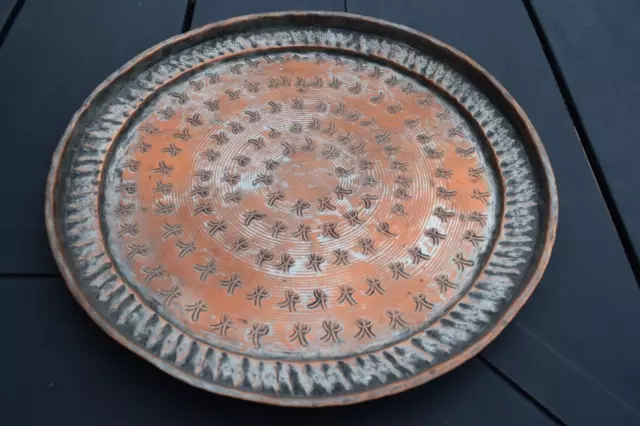 Antique hand made wrought tinned copper round serving tray platter