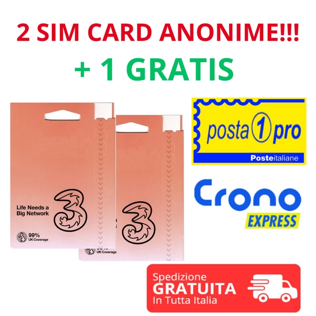 2 Sim card anonime THREE UK 100% LEGALE, ricaricabile No canone mensile.