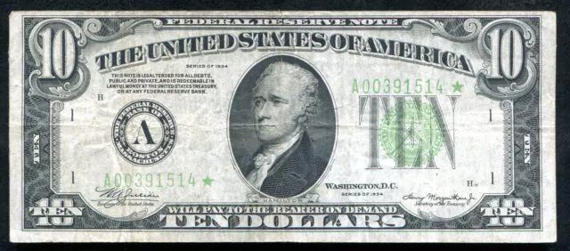 Fr. 2004-A* 1934 $10 *Star* Lgs Light Green Seal Frn Boston, Ma Scarce