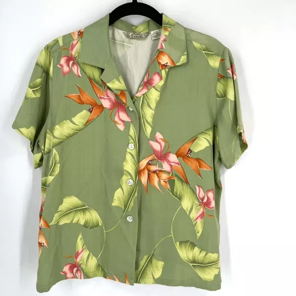 Tommy Bahama Womens Silk Hawaiian Short Sleeve Button-Up Shirt Green Size Medium