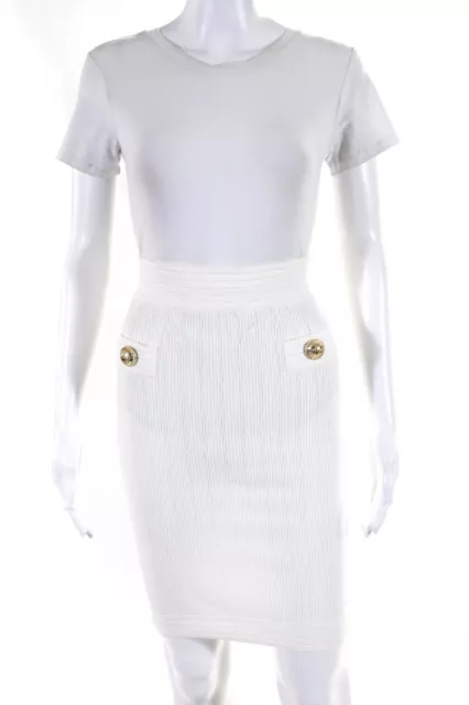 Balmain Womens Elastic Waistband Ribbed Knit Pencil Skirt White Size FR 38