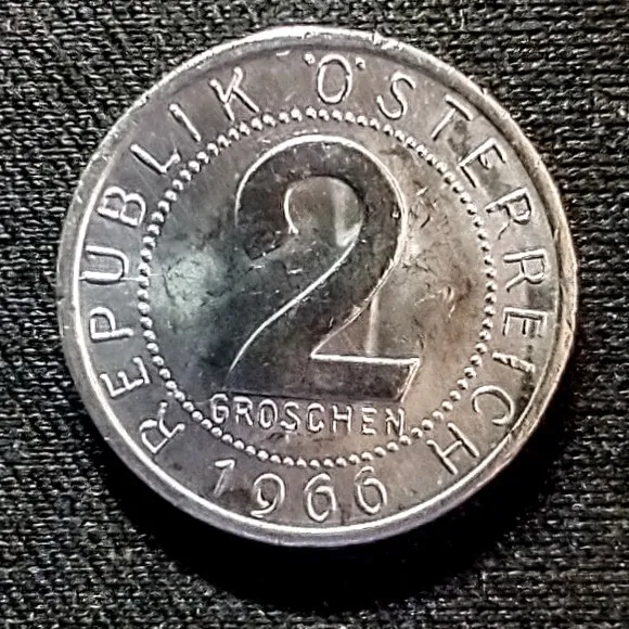1966 Austria 2 Groschen Coin BU  RARE CONDITION  FOR AN ALUMINUM  COIN