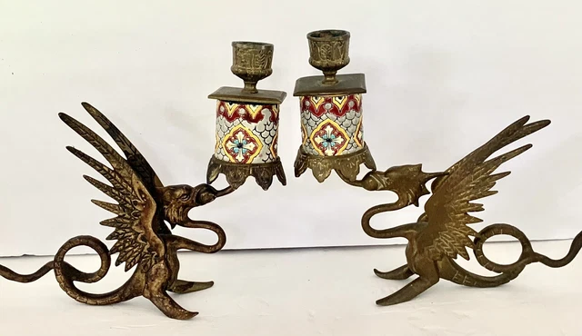 Antique French Brass chamberstick Longwy Majolica Winged Dragon Candle Holders Antique French Brass chamberstick Longwy Majolica Winged Dragon Candle Holders